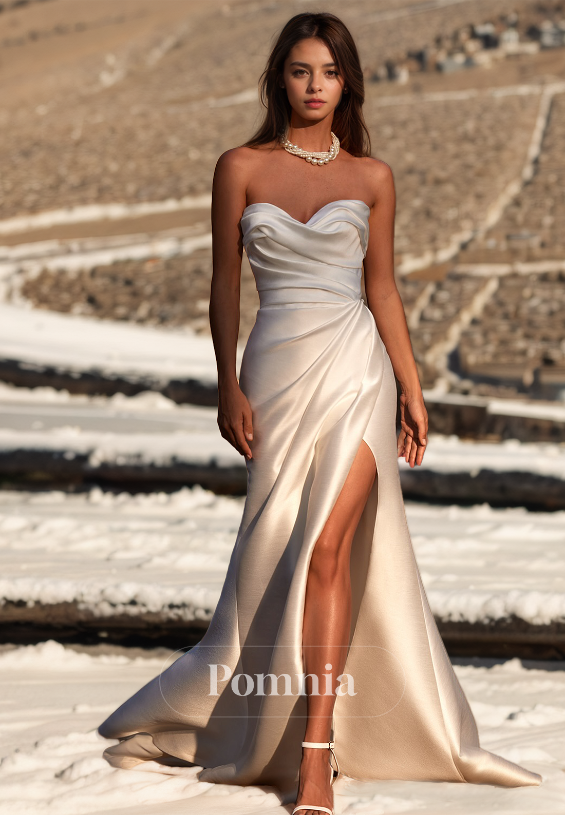 Elegant Strapless Sleeveless Ruched Side Slit Satin Wedding Dress