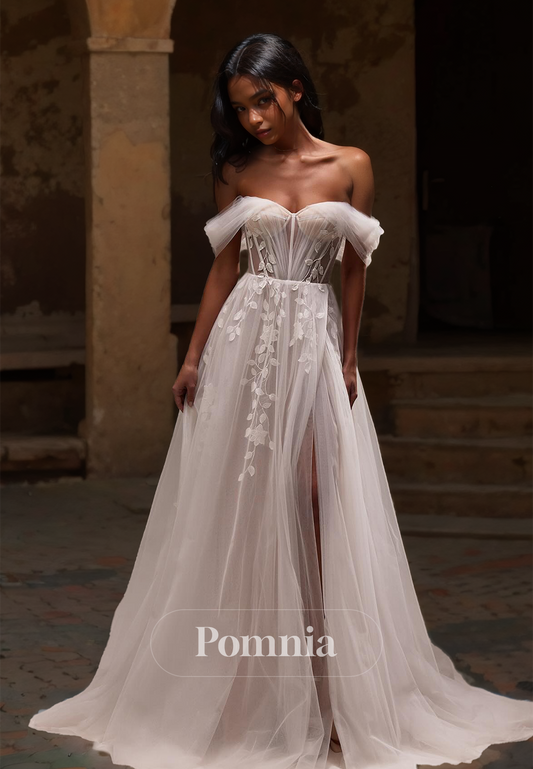 A-Line Off-Shoulder Corset Tulle Floral Appliques Side Slit Lace Wedding Dress