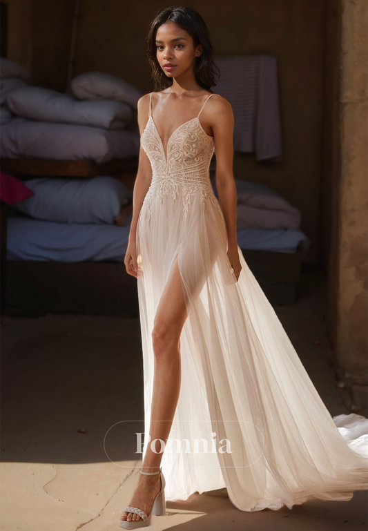 Spaghetti Straps V-Neck Corset Tulle Sweep Train Lace Beach Wedding Dress