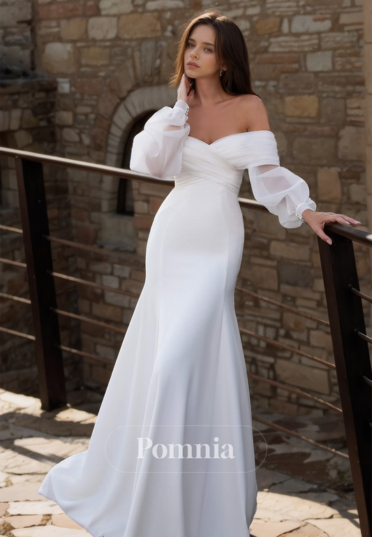 Simple Long Sleeves Off-Shoulder Mermaid Floor-Length Satin Wedding Dress