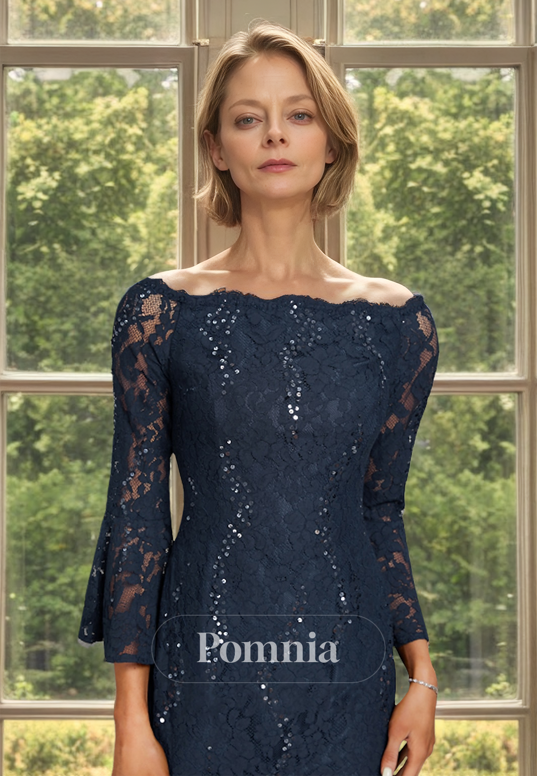 Dark Navy Boat Neck Lace Long Sleeves Knee-Length Mother of the Bride Dress