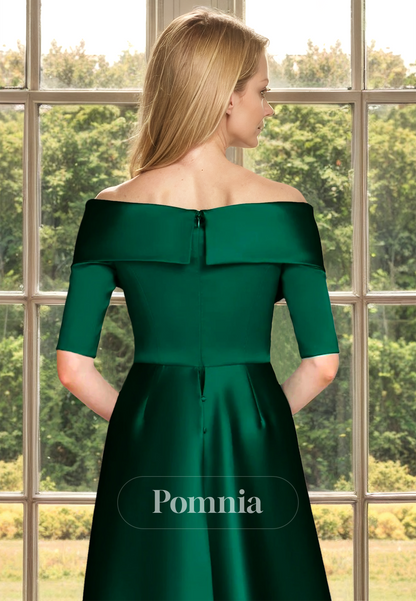 Dark Green A-Line Off-Shoulder Short Sleeves Mother of the Bride Dress