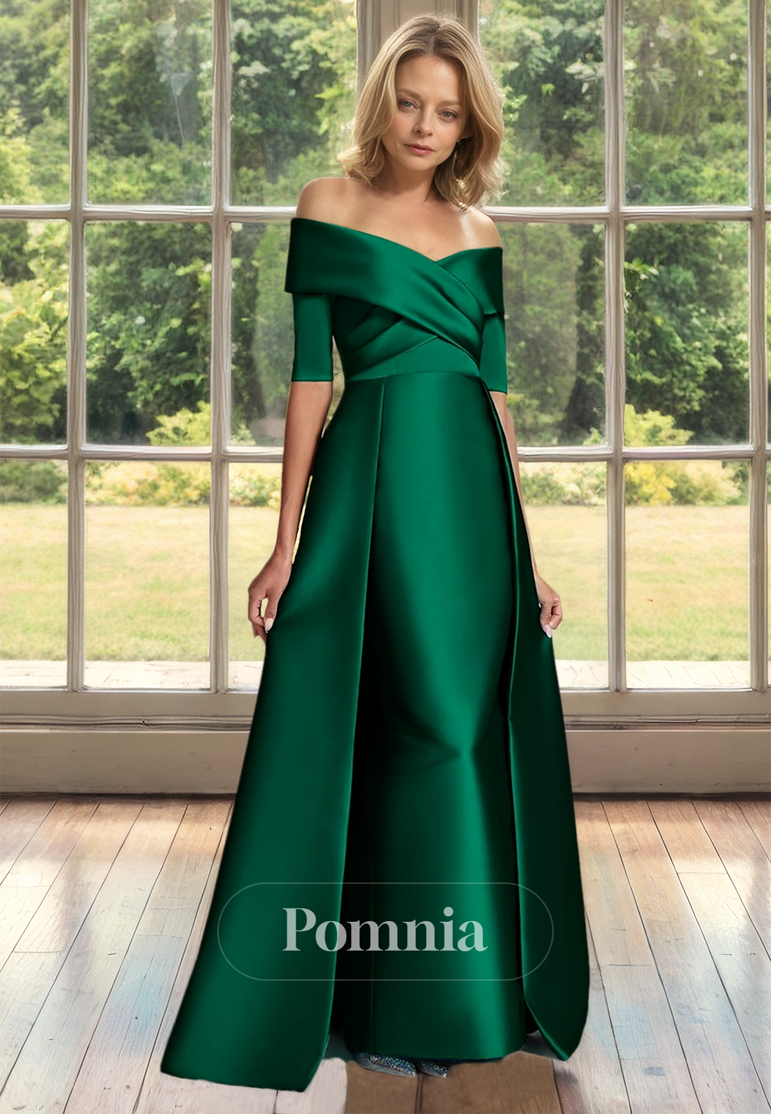 Dark Green A-Line Off-Shoulder Short Sleeves Mother of the Bride Dress