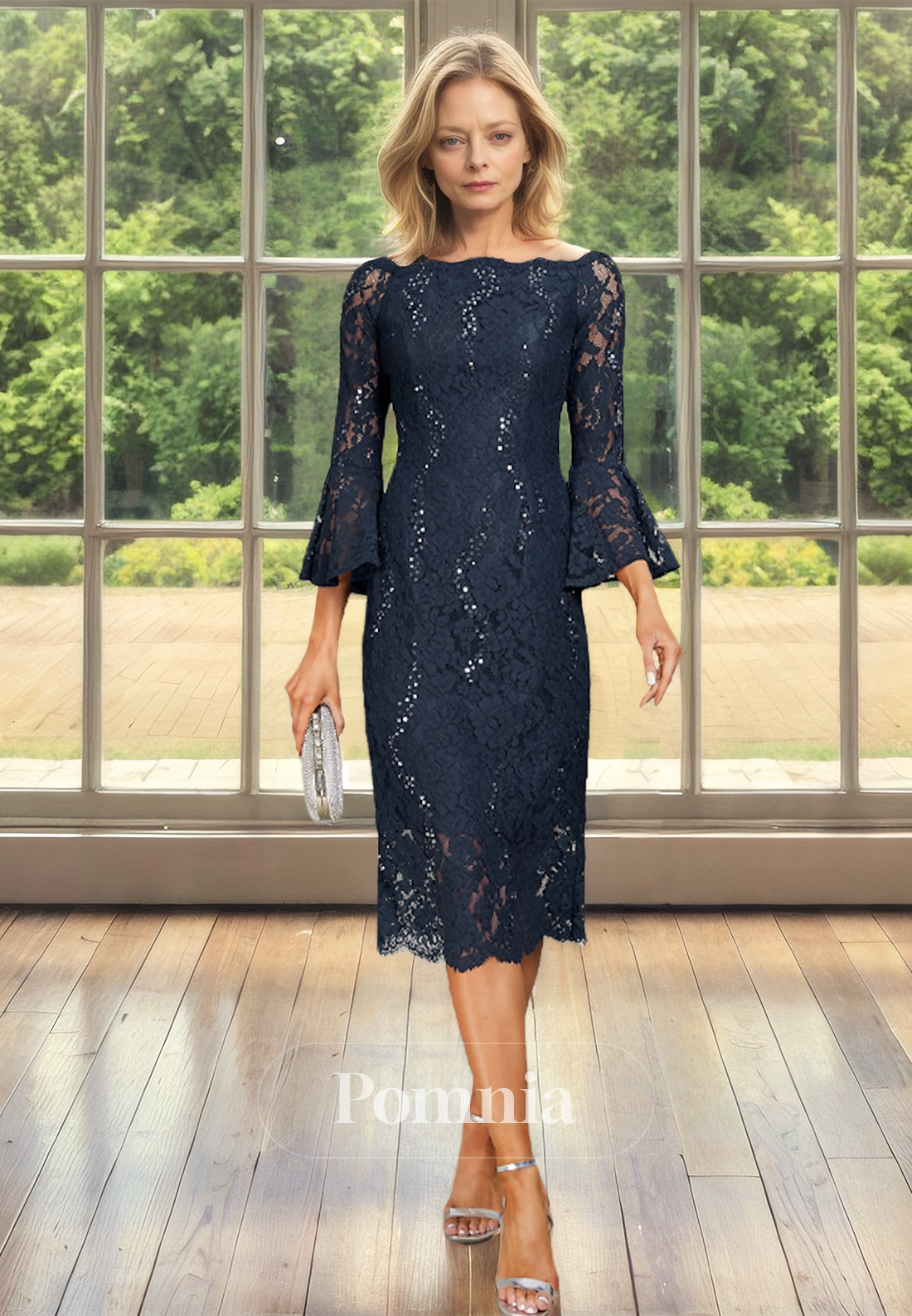 Dark Navy Boat Neck Lace Long Sleeves Knee-Length Mother of the Bride Dress