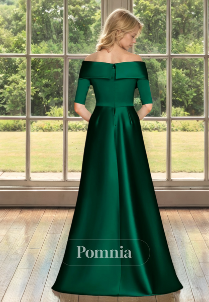 Dark Green A-Line Off-Shoulder Short Sleeves Mother of the Bride Dress