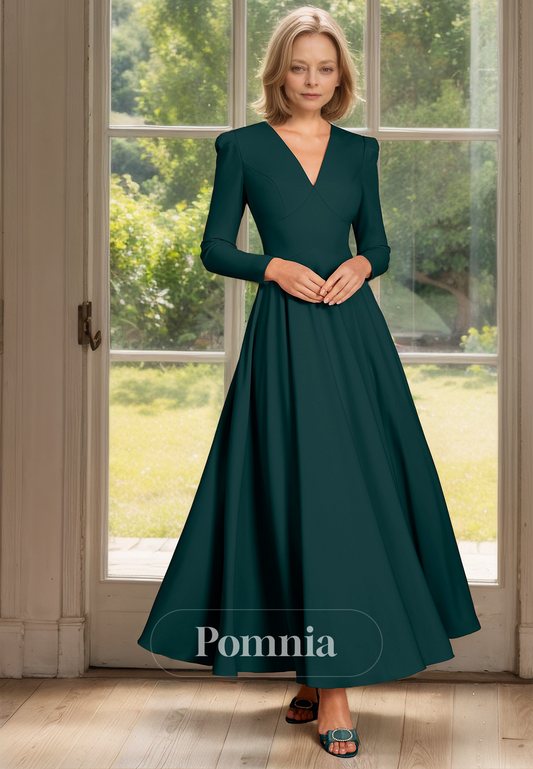 A-Line Long Sleeves V-Neck Empire-Waist Ankle-Length Mother of the Bride Dress