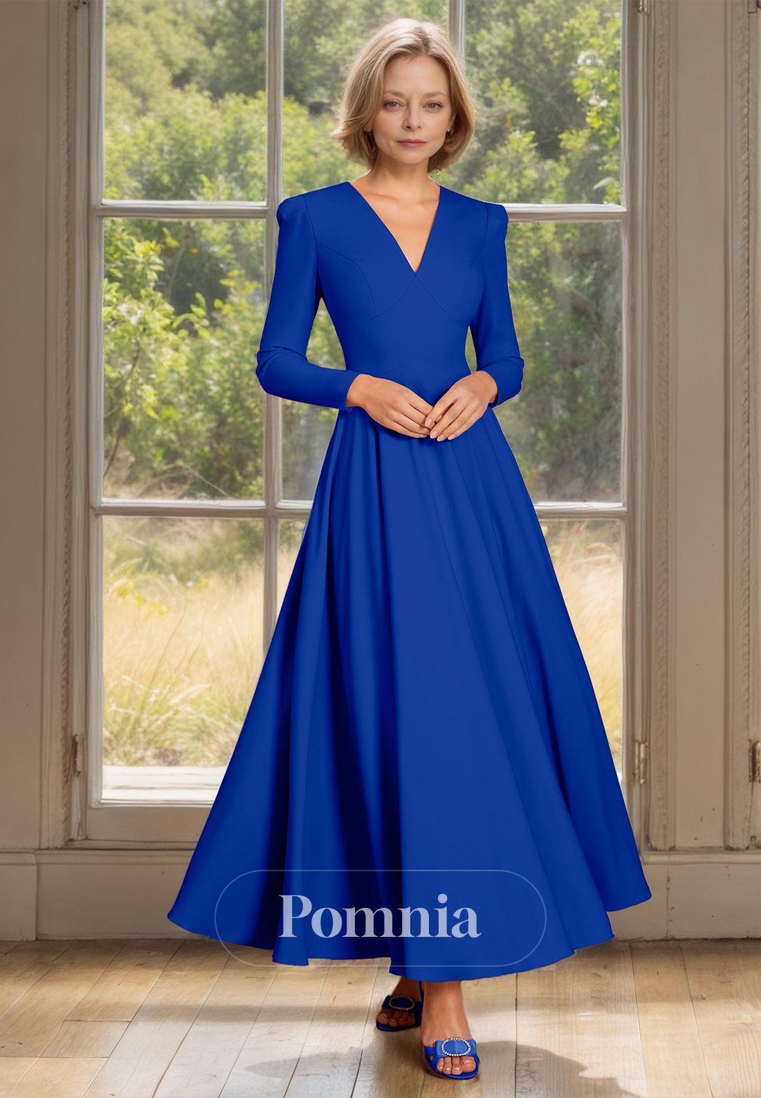 A-Line Long Sleeves V-Neck Empire-Waist Ankle-Length Mother of the Bride Dress