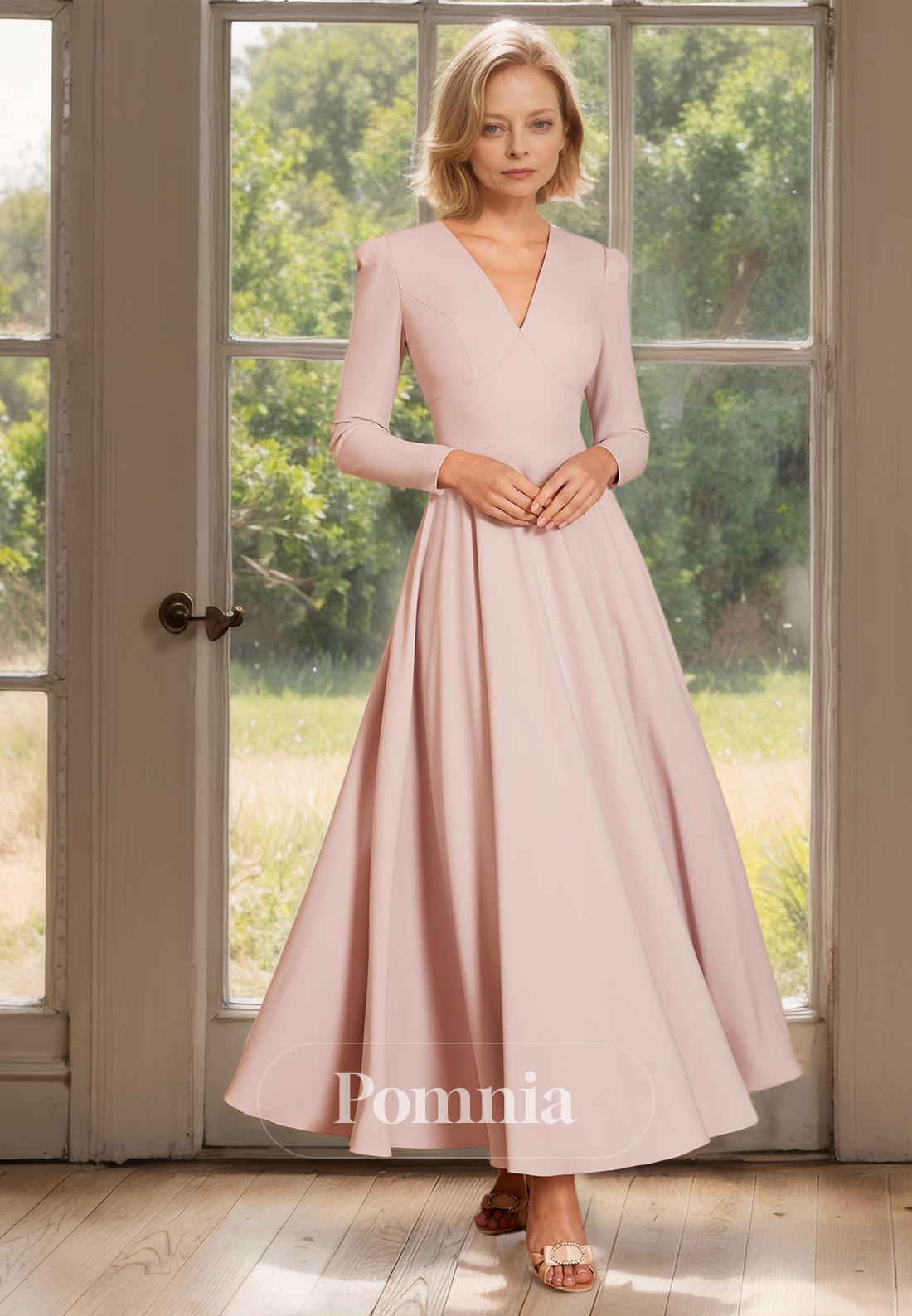 A-Line Long Sleeves V-Neck Empire-Waist Ankle-Length Mother of the Bride Dress