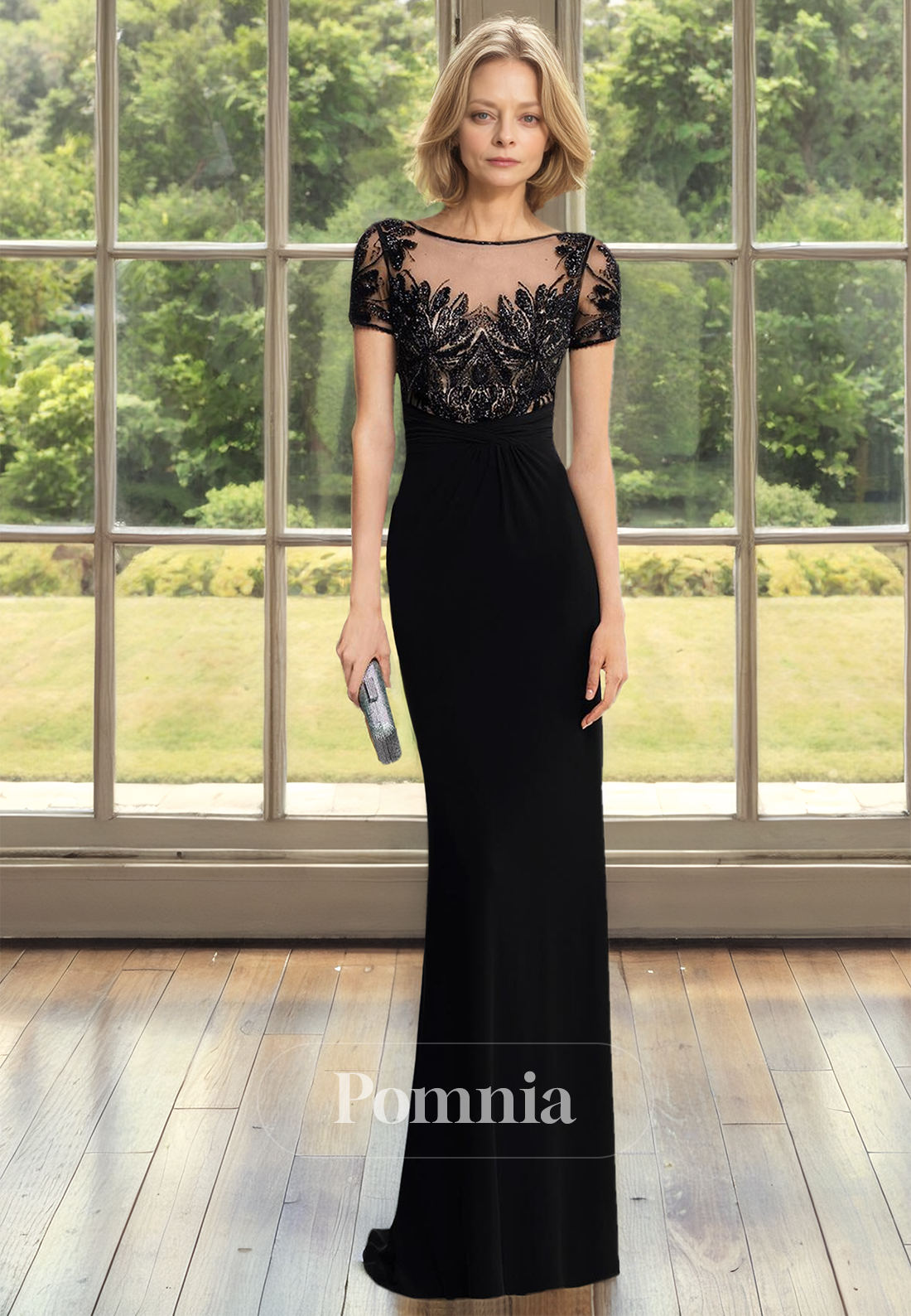 Black Short Sleeves Scoop Corset Tulle Floor-Length Mother of the Bride Dress