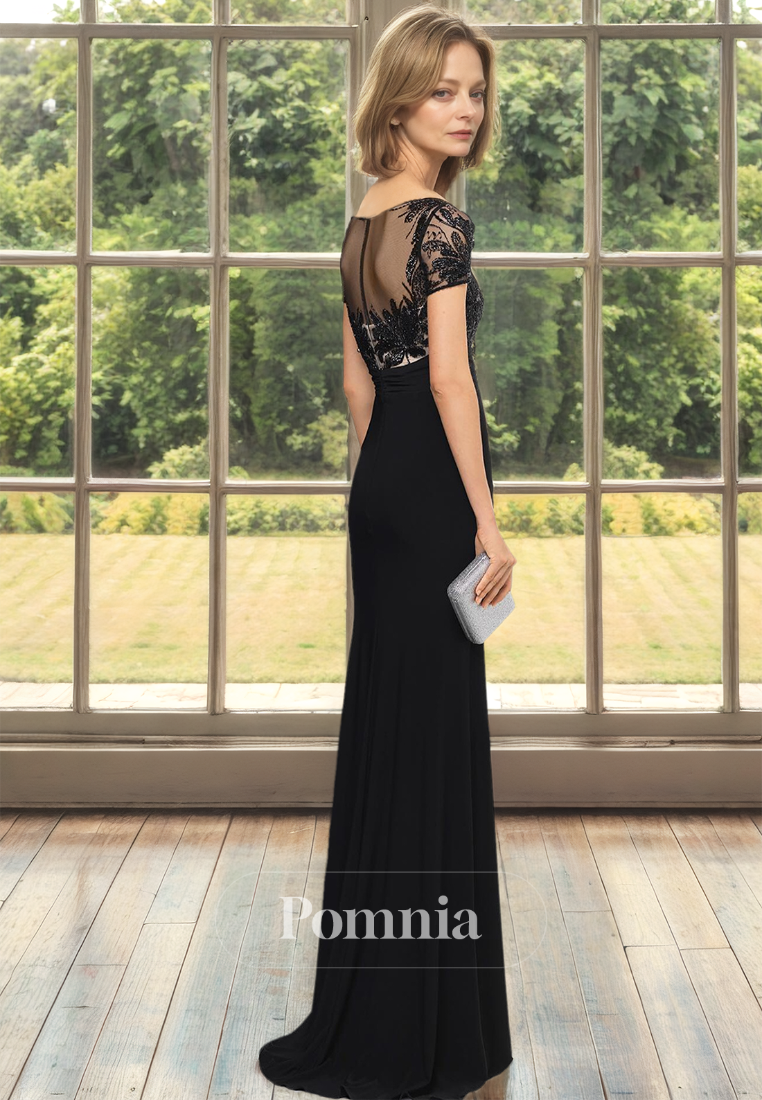 Black Short Sleeves Scoop Corset Tulle Floor-Length Mother of the Bride Dress