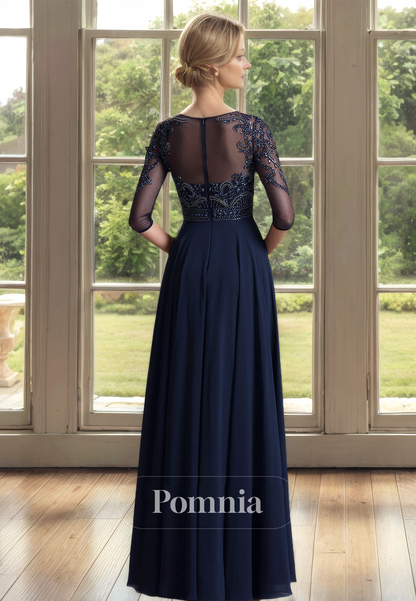 Dark Navy A-Line Scoop Half Sleeves Empire-Waist Appliques Mother of the Bride Dress