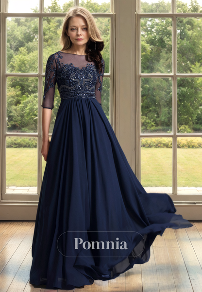 Dark Navy A-Line Scoop Half Sleeves Empire-Waist Appliques Mother of the Bride Dress