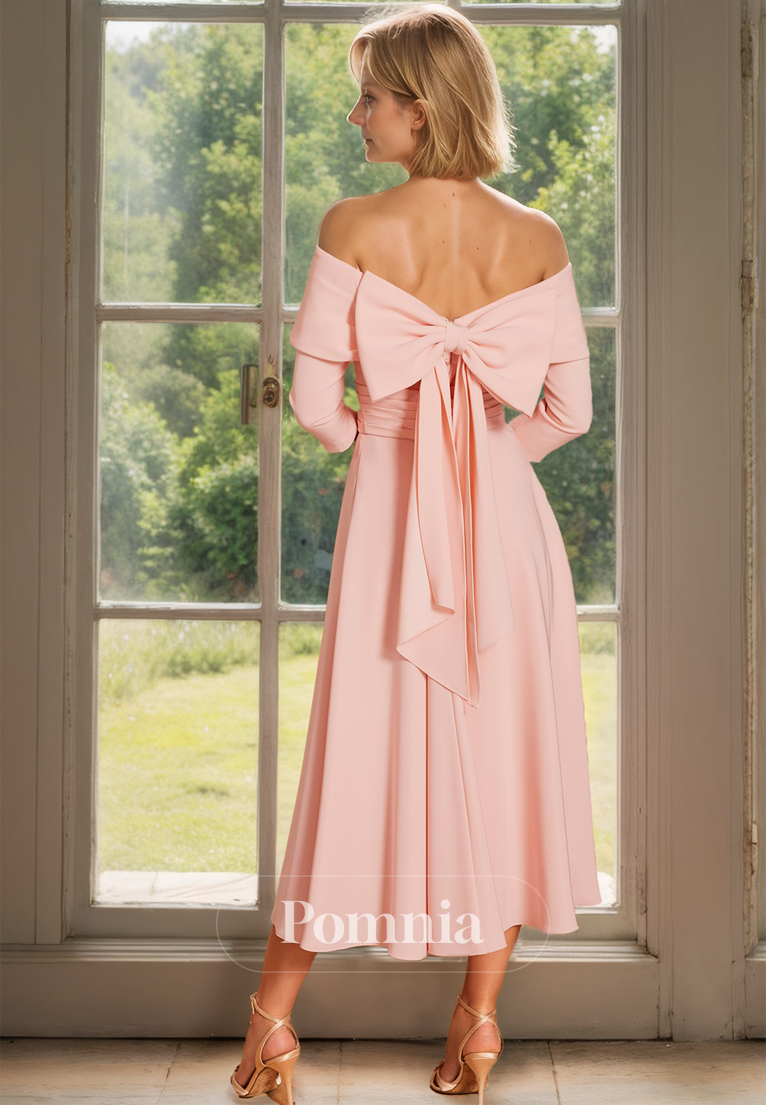 Charming A-Line 3/4 Sleeves Off-Shoulder Empire-Waist Mother of the Bride Dress