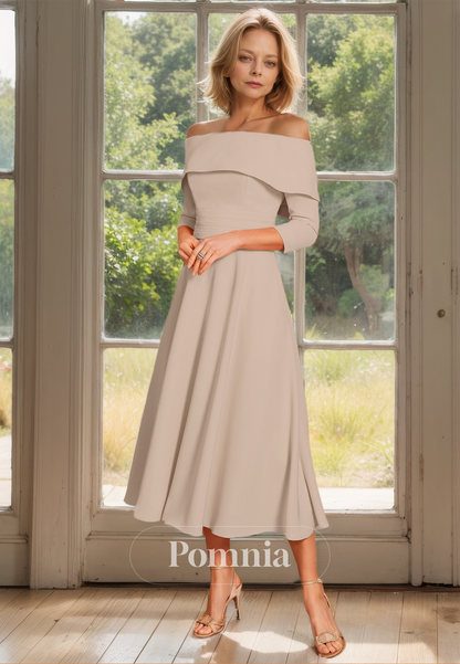 Charming A-Line 3/4 Sleeves Off-Shoulder Empire-Waist Mother of the Bride Dress