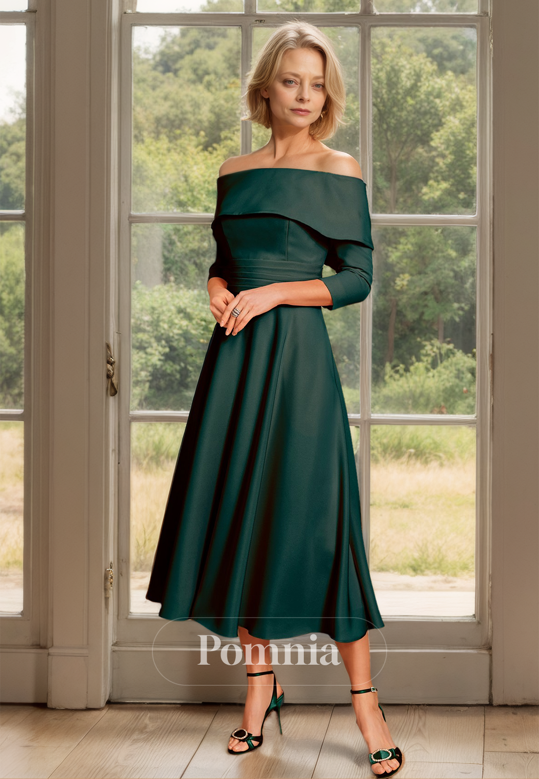 Charming A-Line 3/4 Sleeves Off-Shoulder Empire-Waist Mother of the Bride Dress