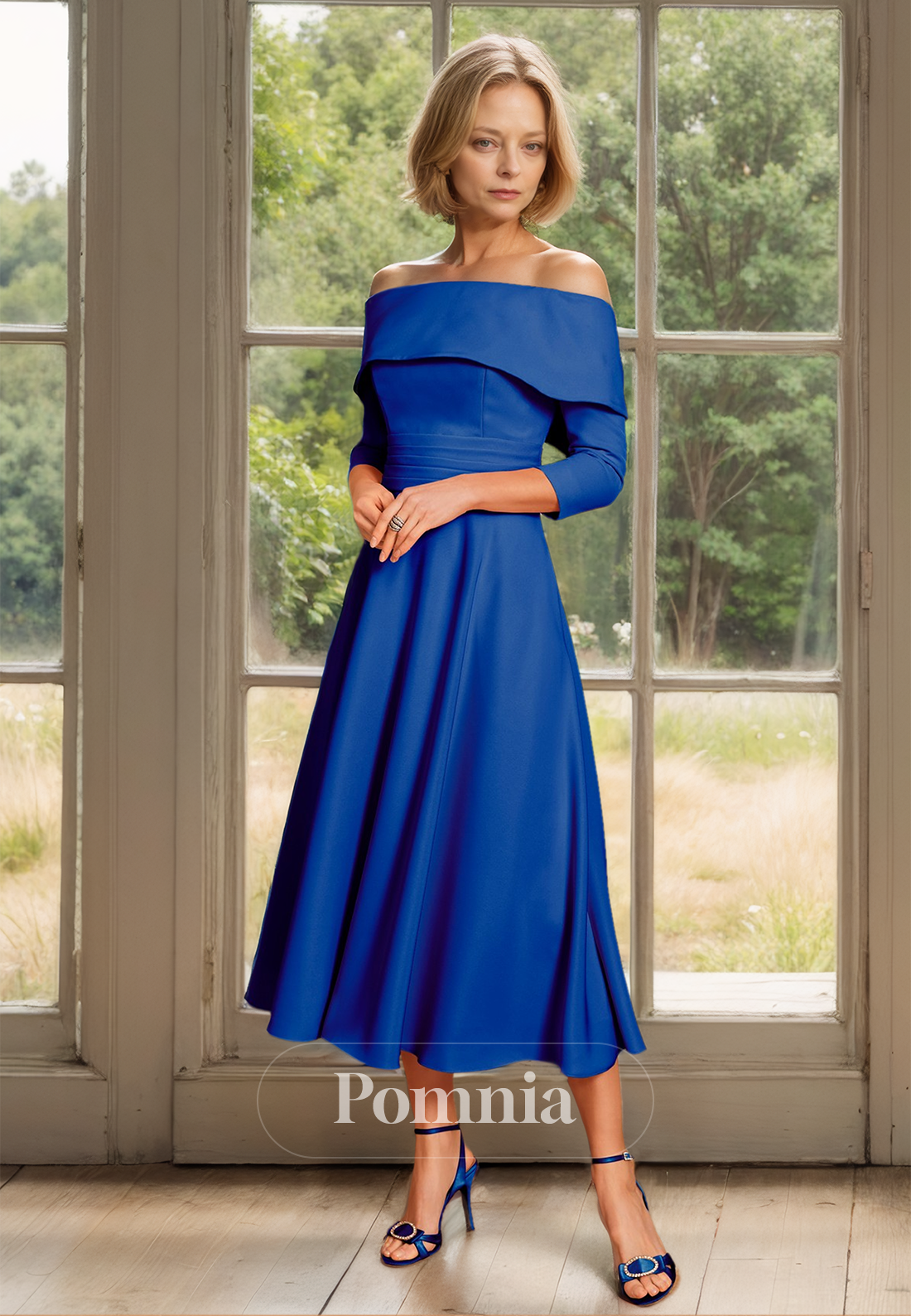 Charming A-Line 3/4 Sleeves Off-Shoulder Empire-Waist Mother of the Bride Dress