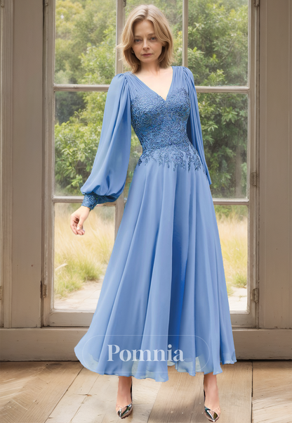 Simple Long Sleeves V-Neck Corset Appliques Chiffon Mother of the Bride Dress