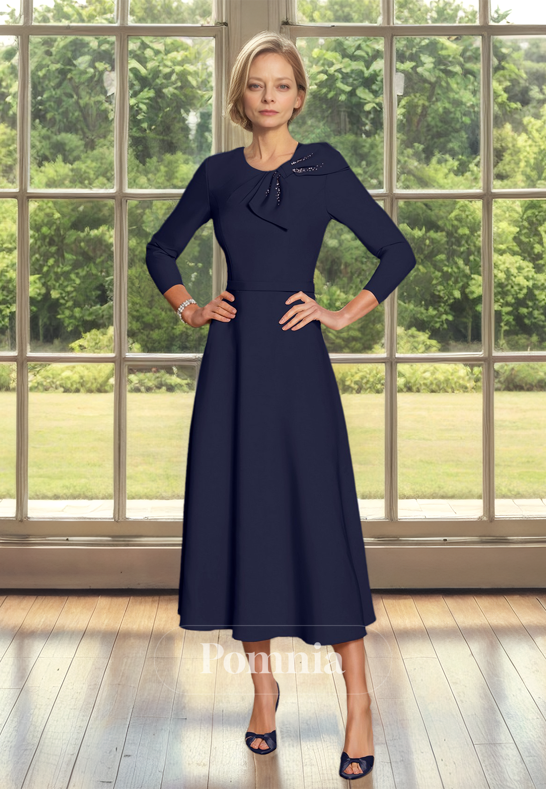 A-Line Scoop Long Sleeves Bowknot Empire-Waist Mother of the Bride Dress