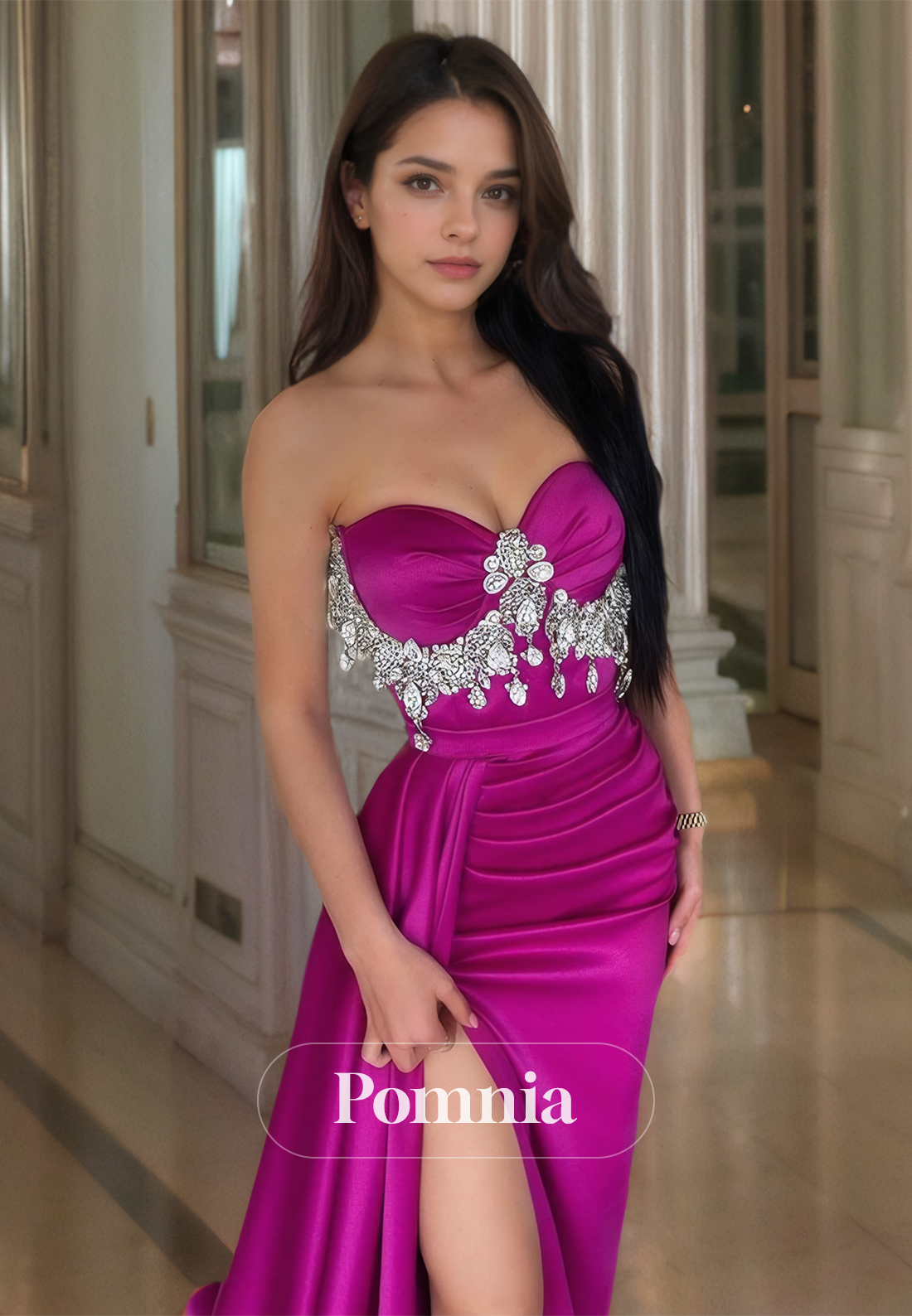 Fuchsia Strapless Sleeveless Evening Dress with Slit Beads Prom Party Dress