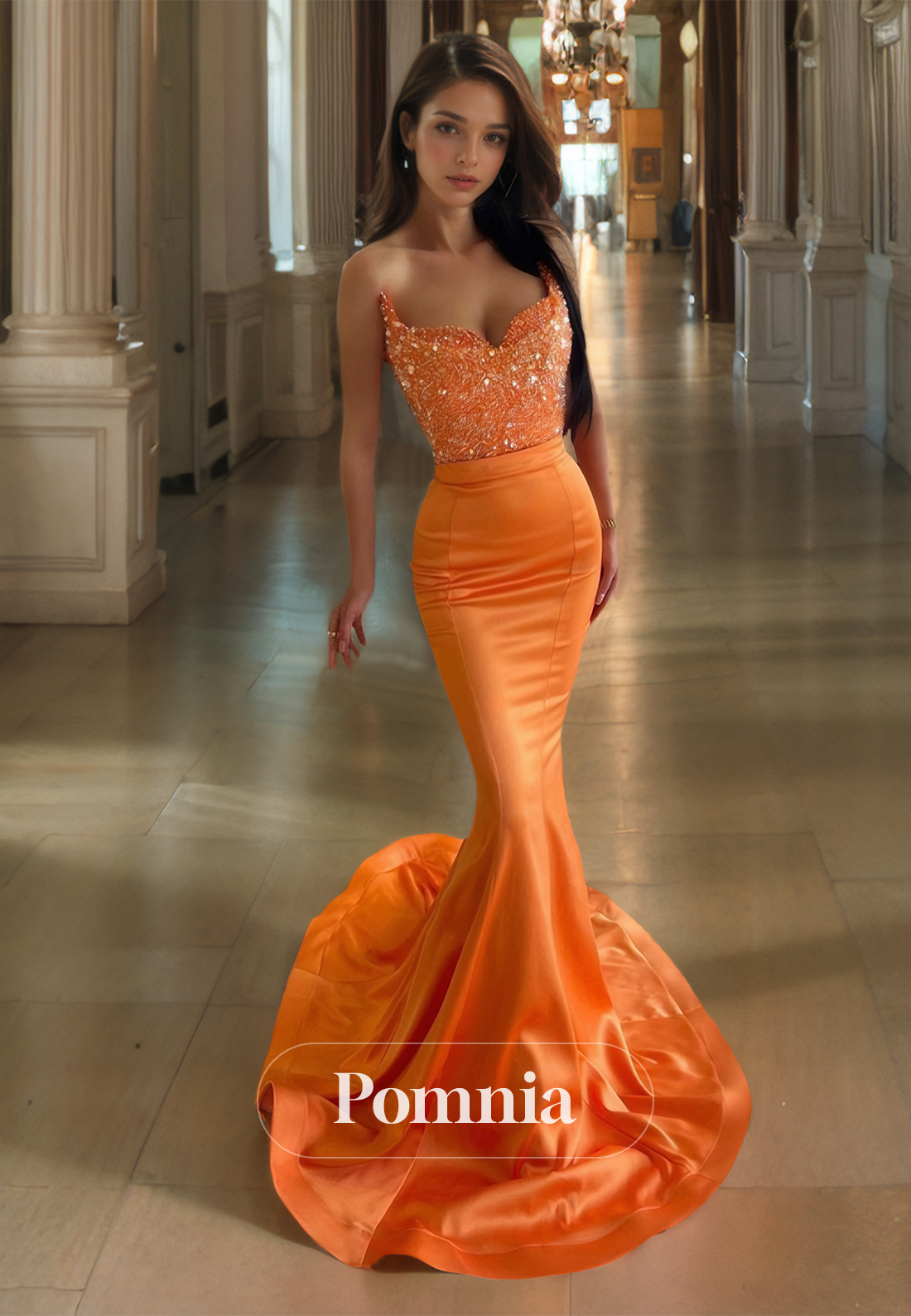 Papaya Sheath Strapless Sleeveless Prom Dress with Sequins Ruched Evening Party Dress