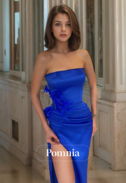 Royal Blue Strapless Sleeveless Prom Dress with Side Slit Ruched Evening Party Dress