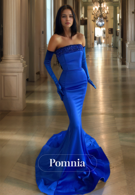 Royal Blue Off-Shoulder Mermaid Prom Dress with Train Sequins Evening Party Dress