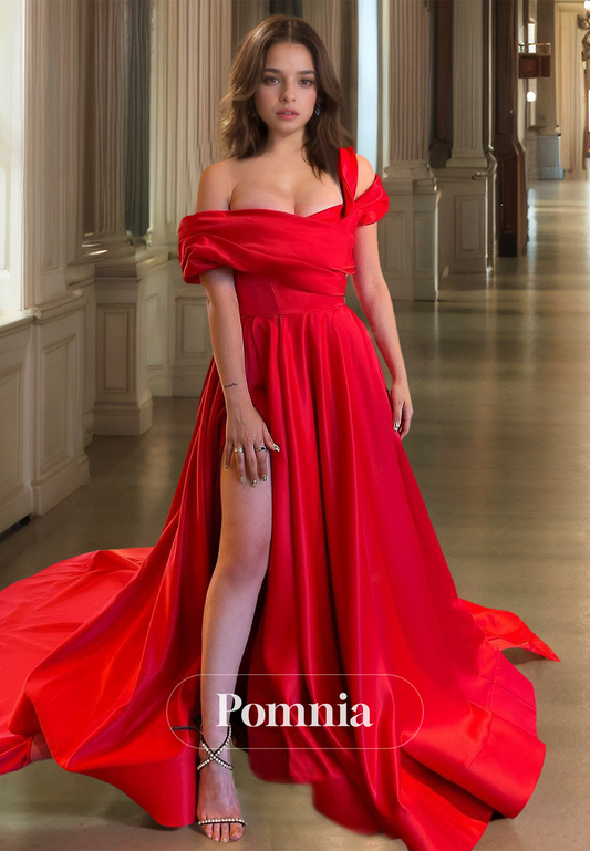 Red Off-Shoulder Empire-Waist Prom Dress with Slit Ruched Evening Party Dress