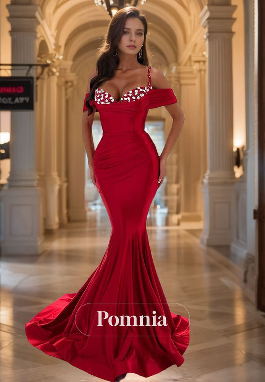 Red Cap Sleeves Mermaid Prom Dress with Beads Ruched Evening Party Dress