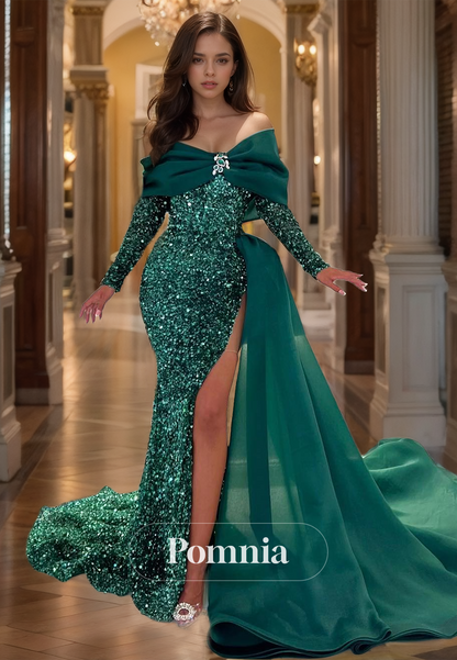 Dark Green Long Sleeves Bowknot Prom Dress with Slit Sequins Evening Party Dress