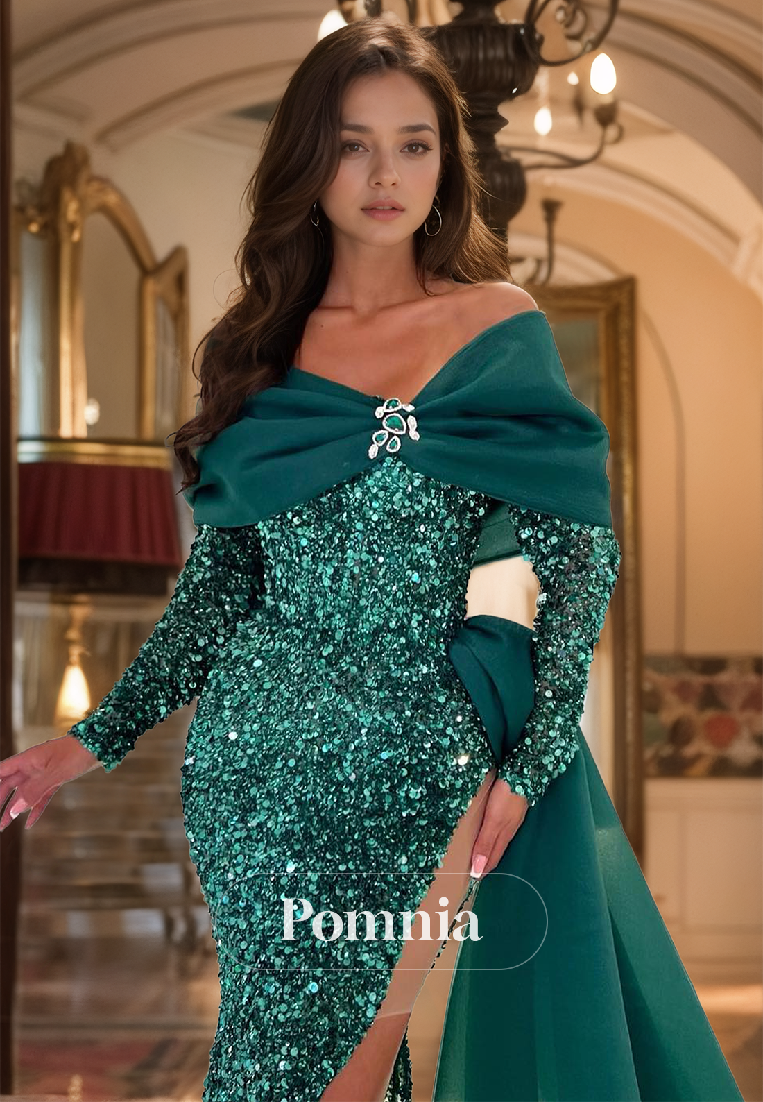 Dark Green Long Sleeves Bowknot Prom Dress with Slit Sequins Evening Party Dress