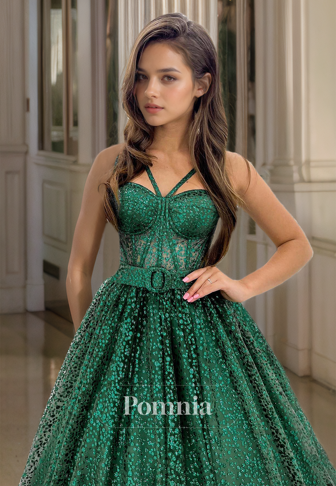 Spaghetti Straps Sweetheart Prom Dress with Sequins Corset Tulle Evening Party Dress