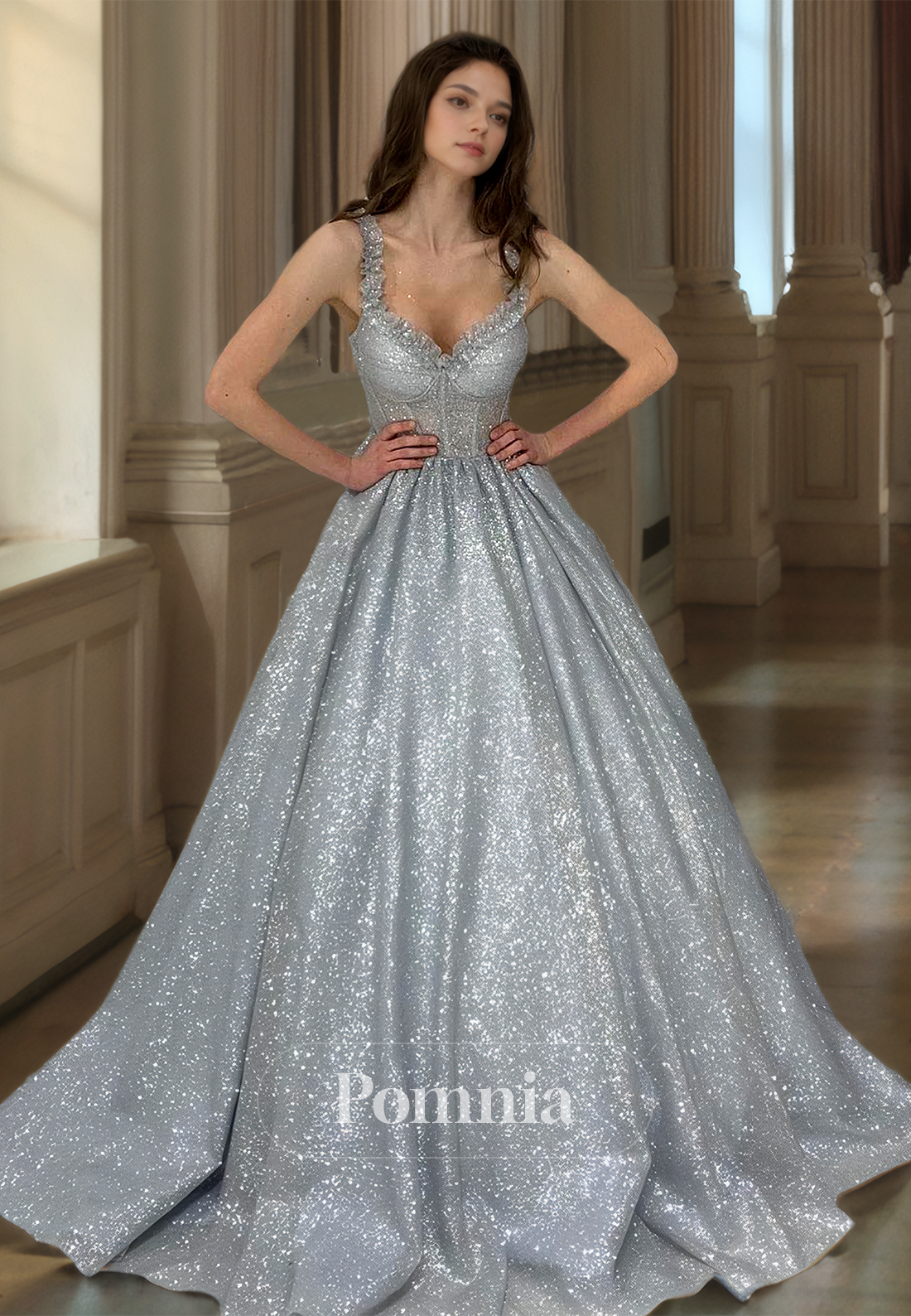 Silver Spaghetti Straps Sweetheart Prom Dress with Sequins Court Train Evening Party Dress