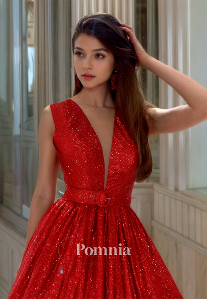 Red Spaghetti Straps V-Neck Prom Dress with Sequins Backless Evening Party Dress