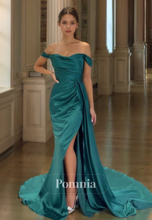 Peacock Off-Shoulder Prom Dress with Side Slit Ruched Evening Party Dress