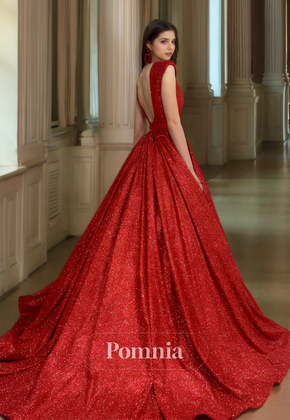 Red Spaghetti Straps V-Neck Prom Dress with Sequins Backless Evening Party Dress