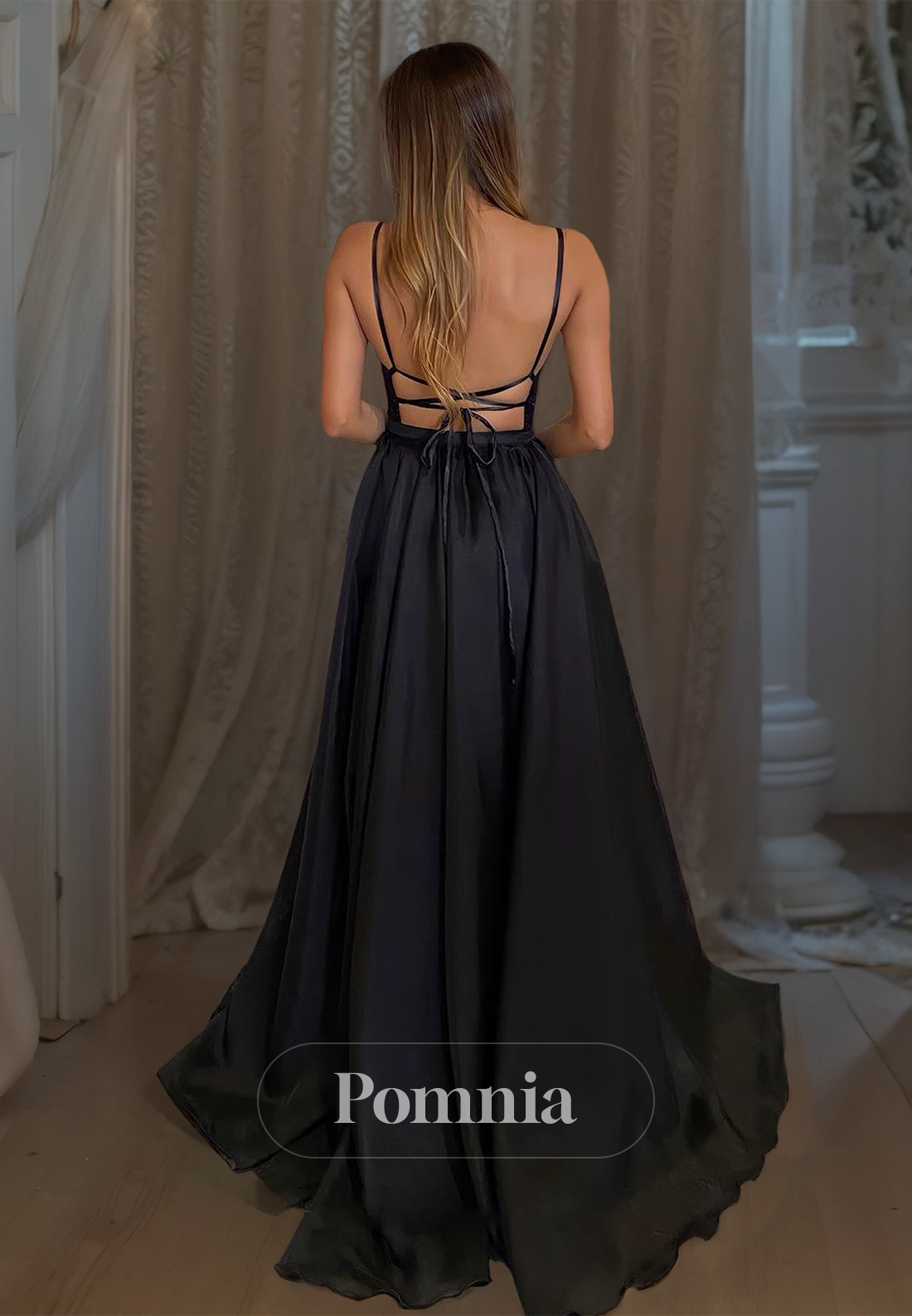 Black Spaghetti Straps V-Neck Prom Dress with Side Slit Backless Evening Party Dress