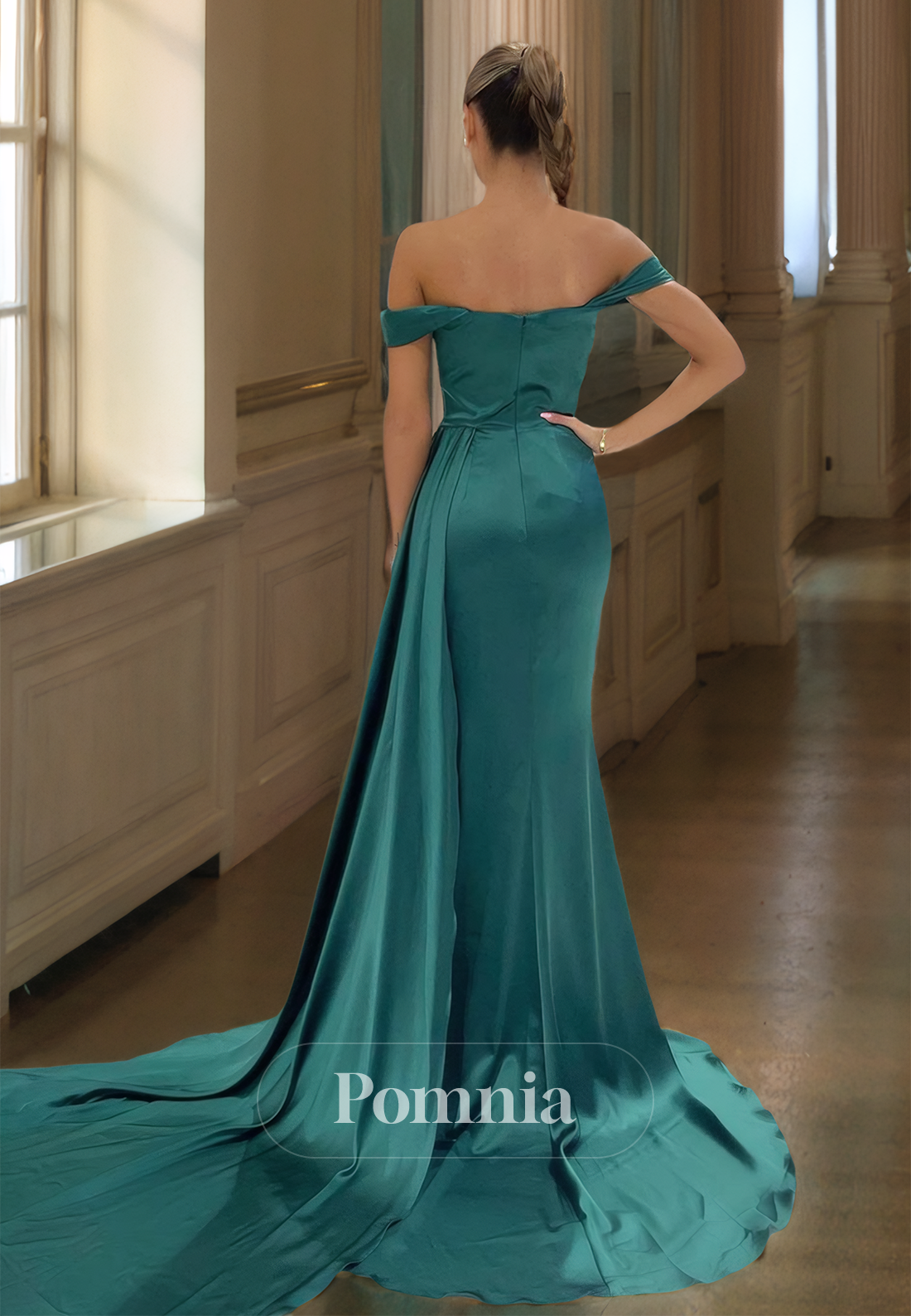 Peacock Off-Shoulder Prom Dress with Side Slit Ruched Evening Party Dress