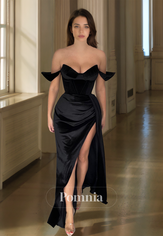 Black Sheath Off-Shoulder Prom Dress with Side Slit Ruched Evening Party Dress