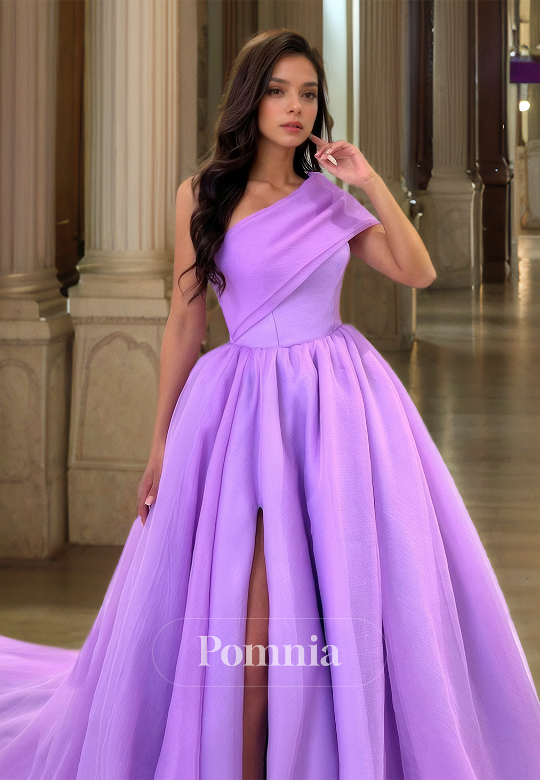 A-Line One Shoulder Empire-Waist Prom Dress with Slit Ruched Evening Party Dress