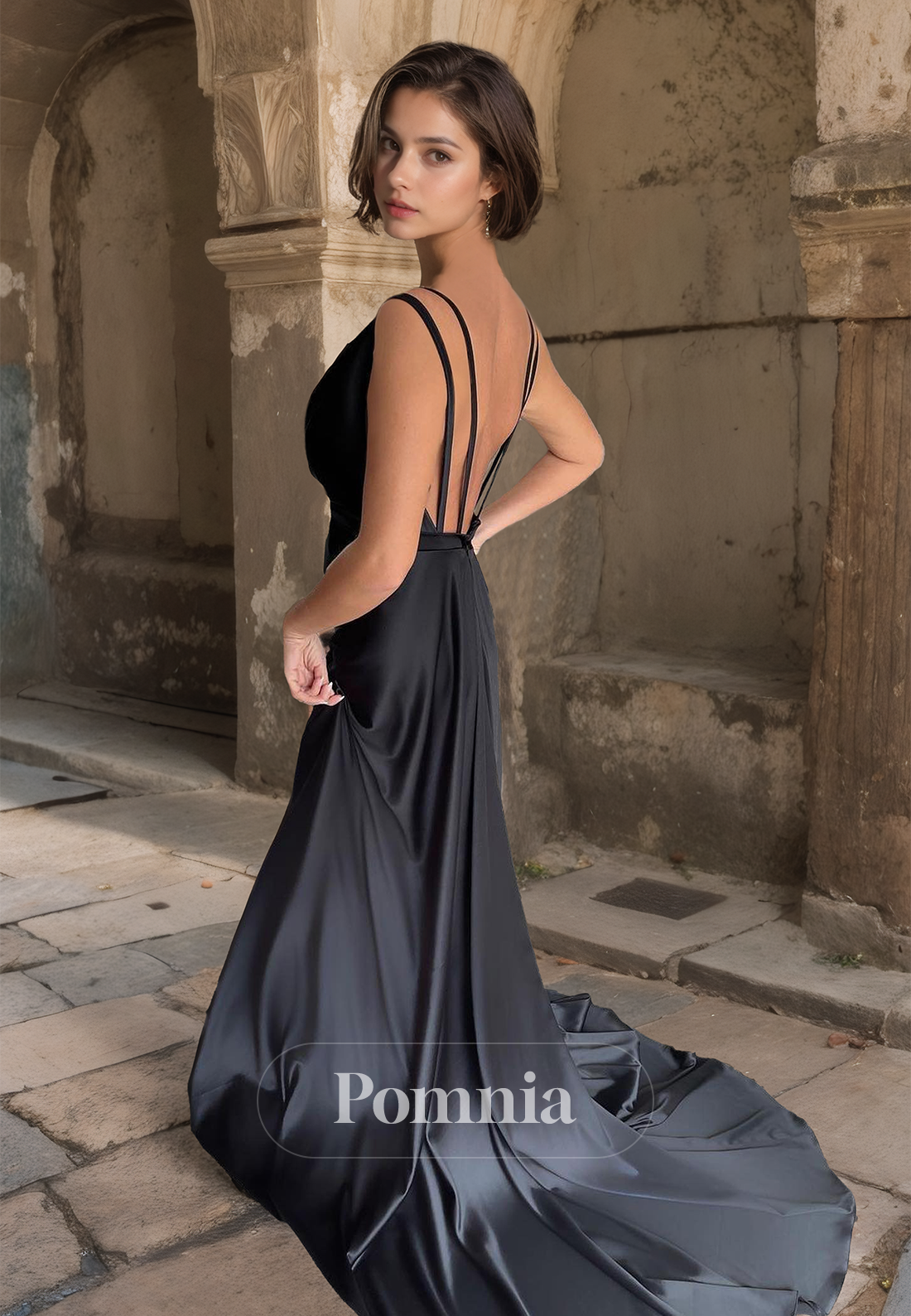 Black Spaghetti Straps V-Neck Corset Prom Dress with Slit Ruched Evening Party Dress