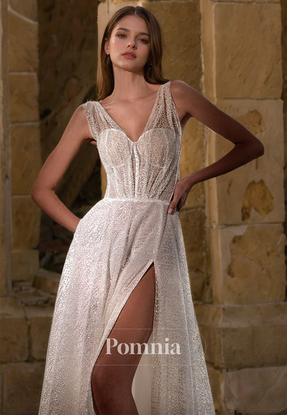 Spaghetti Straps V-Neck Side Slit Sweep Train Backless Beach Wedding Dress