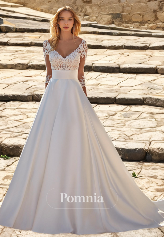 A-Line V-Neck 3/4 Sleeves Empire- Waist Appliques Satin Wedding Dress