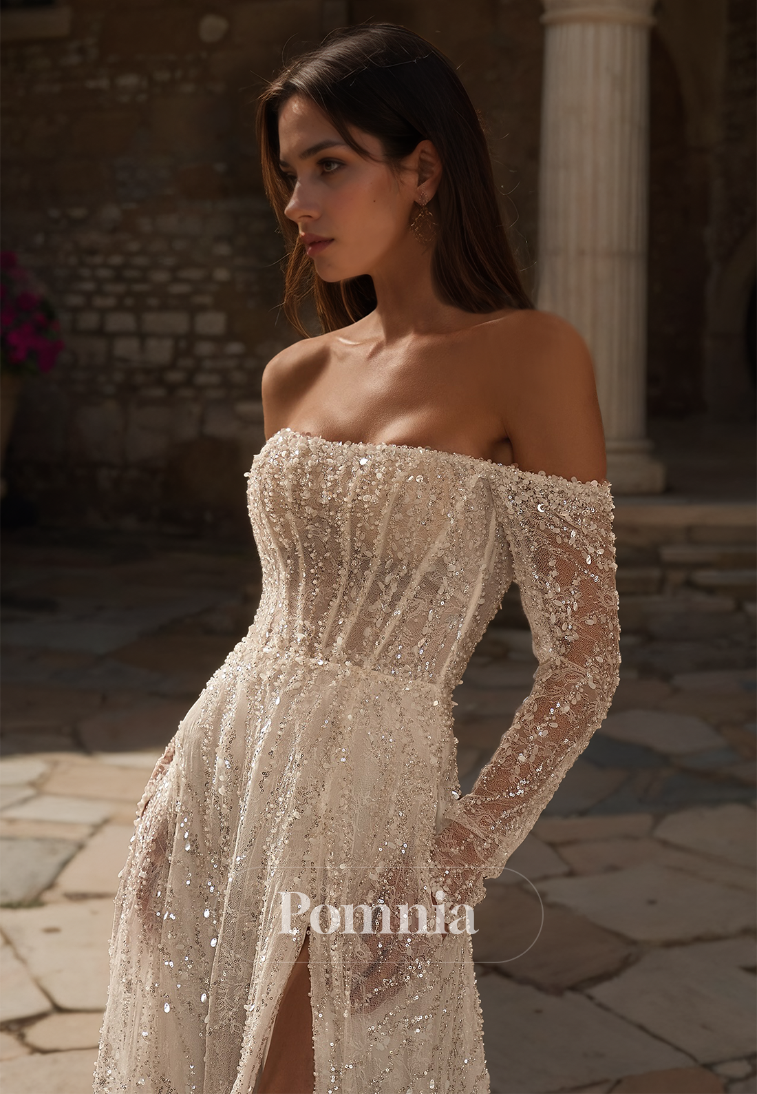 Charming A-Line Off-Shoulder Long Sleeves Side Slit Sequins Lace Wedding Dress