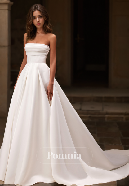 Simple Strapless Sleeveless Court Train Bowknot Satin Wedding Dress