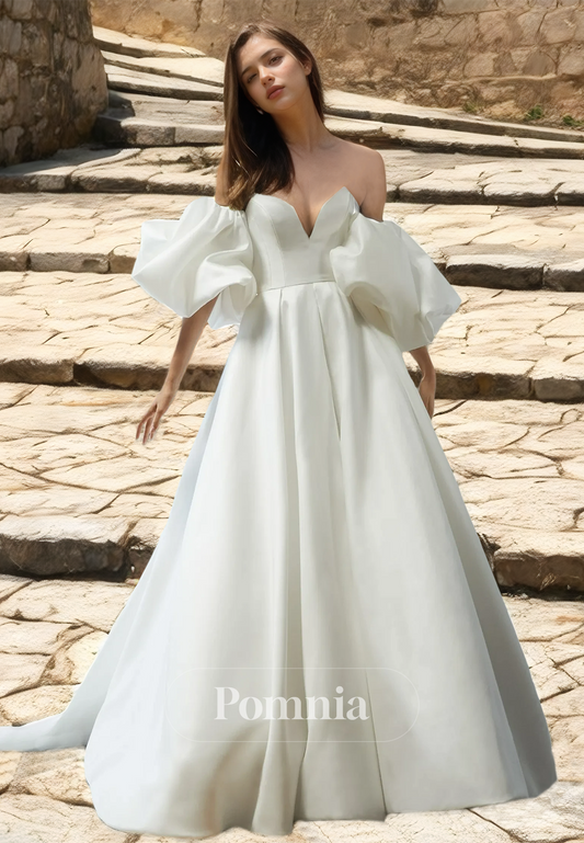 Elegant A-Line Off-Shoulder Cap Sleeves Backless Satin Wedding Dress