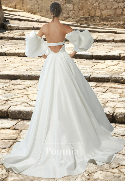 Elegant A-Line Off-Shoulder Cap Sleeves Backless Satin Wedding Dress