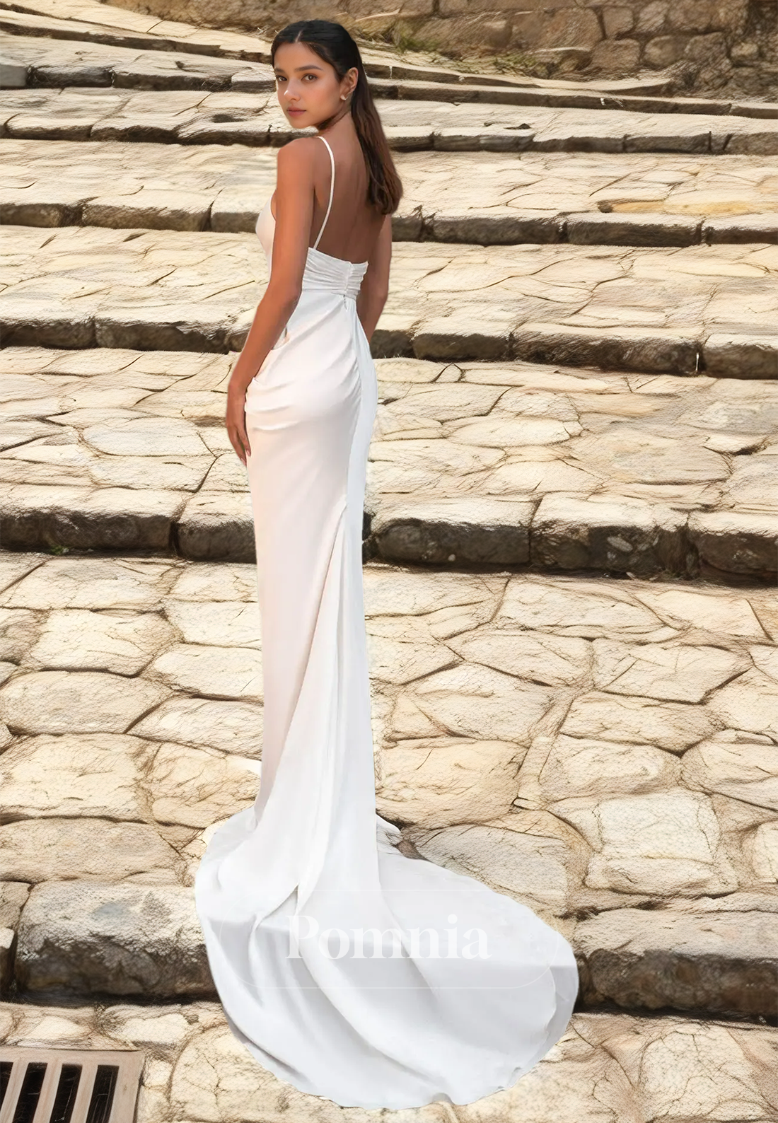 Sheath Spaghetti Straps Side Slit Ruched Sweep Train Satin Wedding Dress