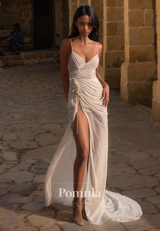 Spaghetti Straps V-Neck Ruched Backless Side Slit Beach Wedding Dress