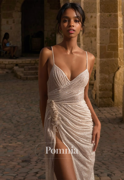 Spaghetti Straps V-Neck Ruched Backless Side Slit Beach Wedding Dress