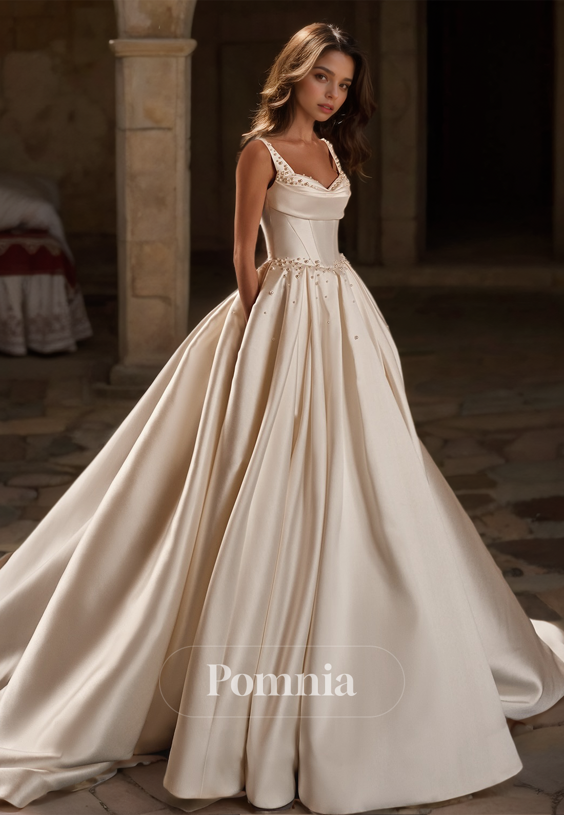 Spaghetti Straps Sweetheart Empire-Waist Court Train Sequins Satin Wedding Dress